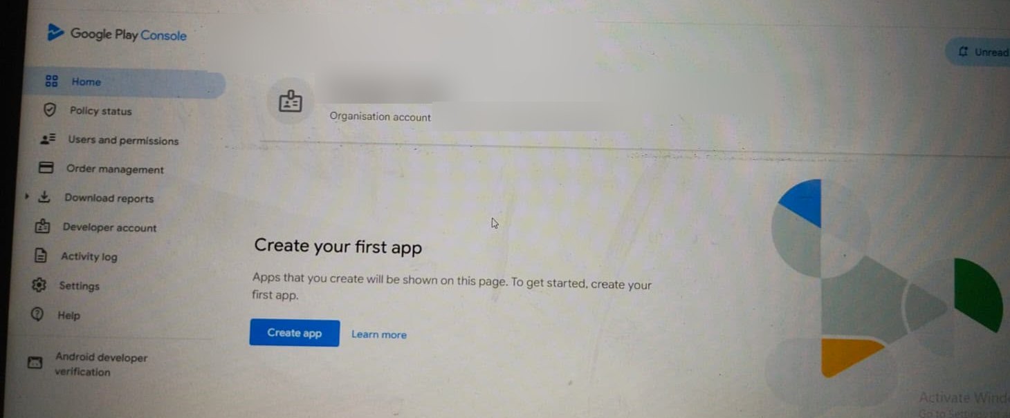 Google Play organization account console with identifying information redacted